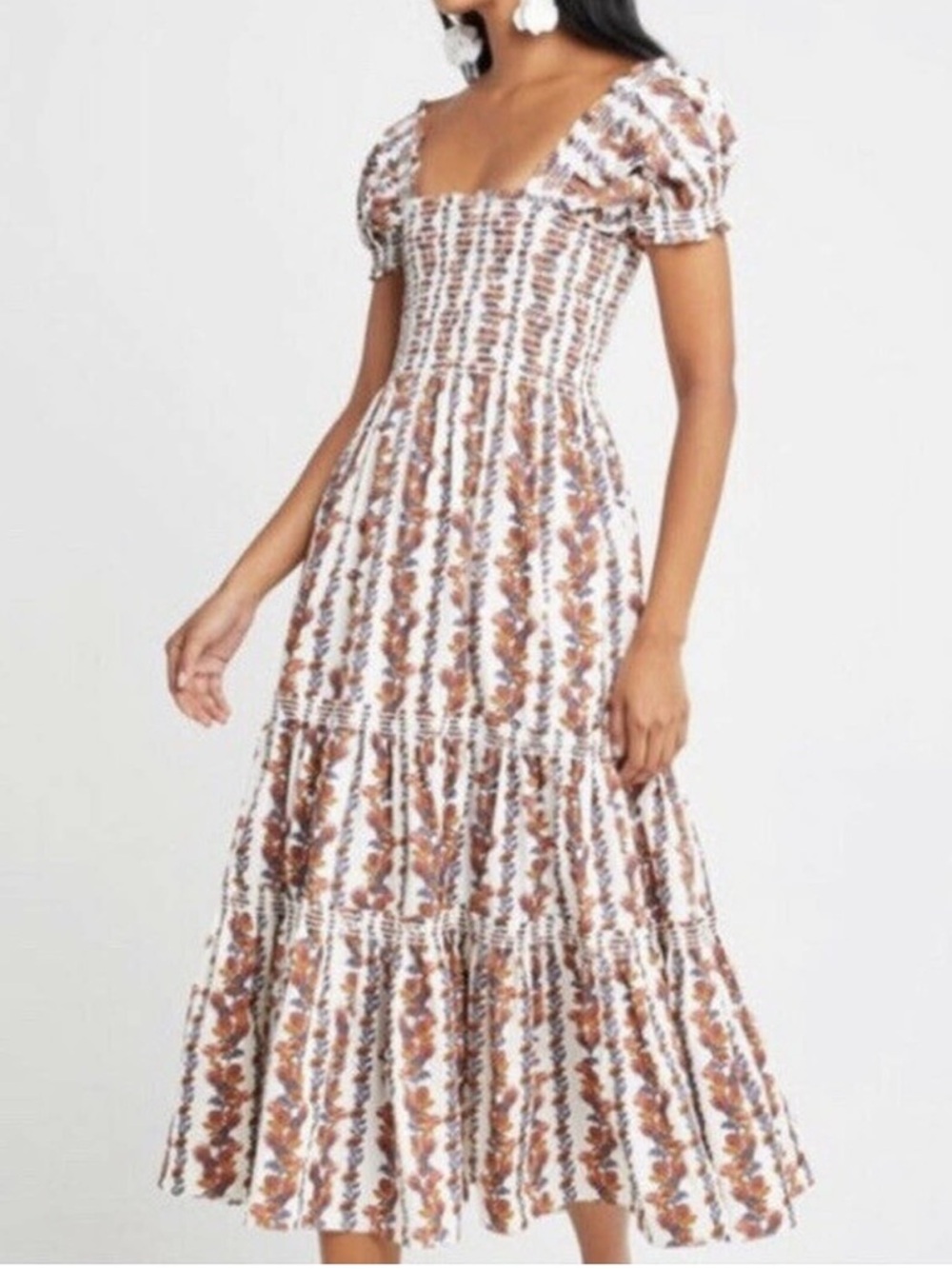 O.P.T Square Neck Floral Smocked tiered puff sleeve Midi Dress small